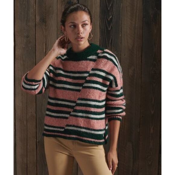 Superdry Sweater Womens 4 Pink Green Striped Mismatched Crew Pullover Casual - Picture 1 of 13